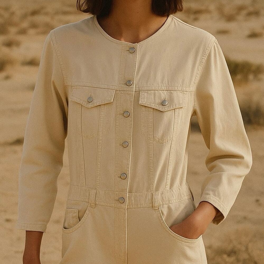 Zara NWT Beige Denim Linen Blend Jumpsuit XS